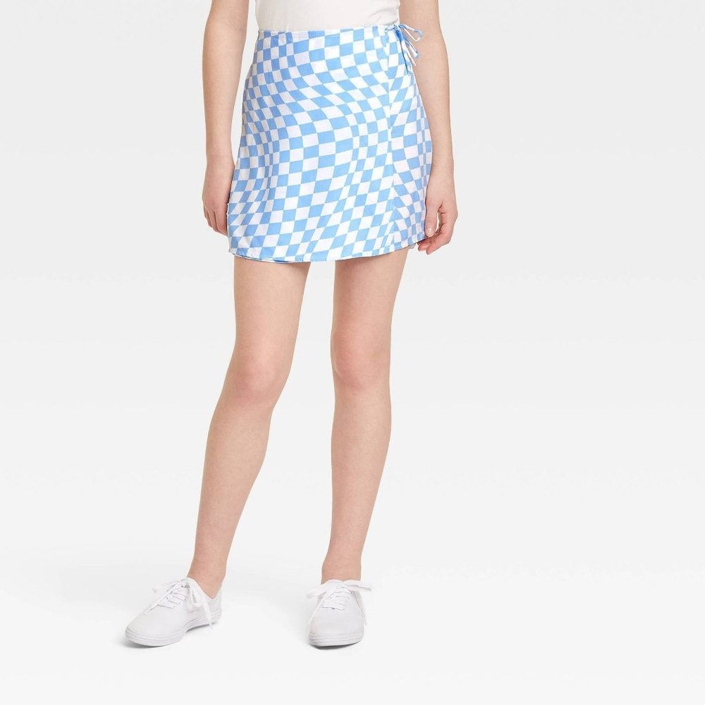 Art Class Blue Check Printed Wrap Skirt NEW WITH TAGS